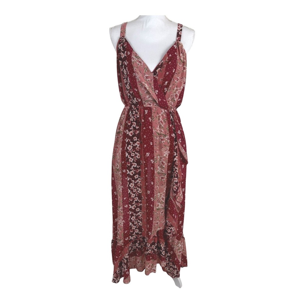 Xtraordinary Floral Maxi Patchwork Dress Large Hi Lo Hem Ruffled Boho Peasant